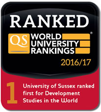 QS ranking badge University of Sussex including IDS ranked number one in development studies