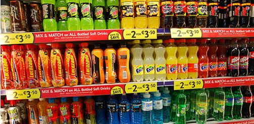Soft drinks on a supermarket shelf. Credit: Gilly Youner - Flickr (CC BY-NC-ND 2.0)