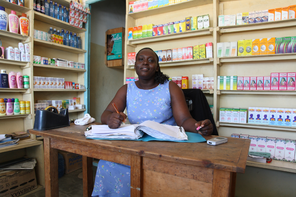 Truphena Anyango, a 29-year-old mother of one, at her pharmacy in Mikindani, Mombasa, Kenya on July 31, 2009. Truphena has been using microloans from Kiva partner KADET to grow her pharmacy, buying a greater range of medicine and personal care products in order to better serve her customers.