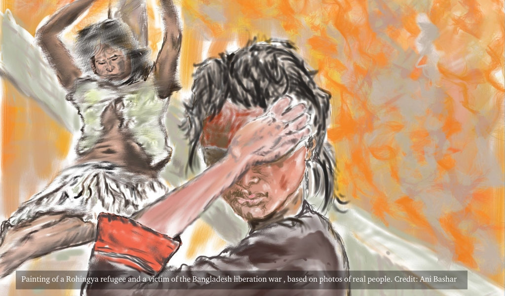 The figures in the painting are based on photographic images of two real persons. In the foreground, is a Rohingya refugee in a camp in Bangladesh and in the background figure is based on a photo of a victim of torture and sexual violence from the 1971 war of liberation in Bangladesh. Credit: Anil Bashar