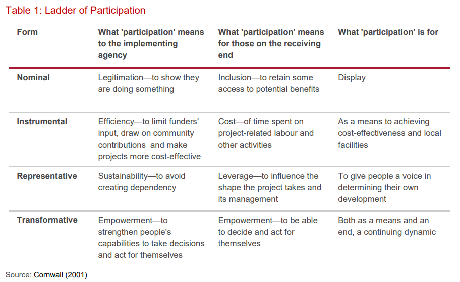 Table describing the ladder of participation from nominal, instrumental, representative to transformative