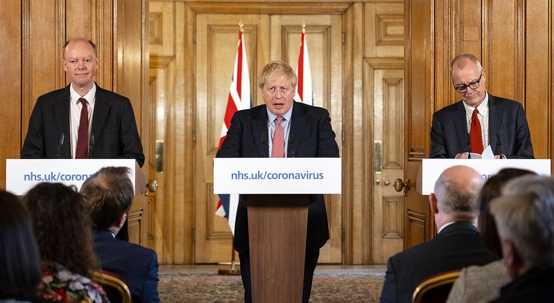 UK Prime Minister Boris Johnson, Chief Medical Officer Prof Chris Witty and Chief Scientific Adviser Sir Patrick Vallance hold a press conference on Coronavirus in 10 Downing Street.