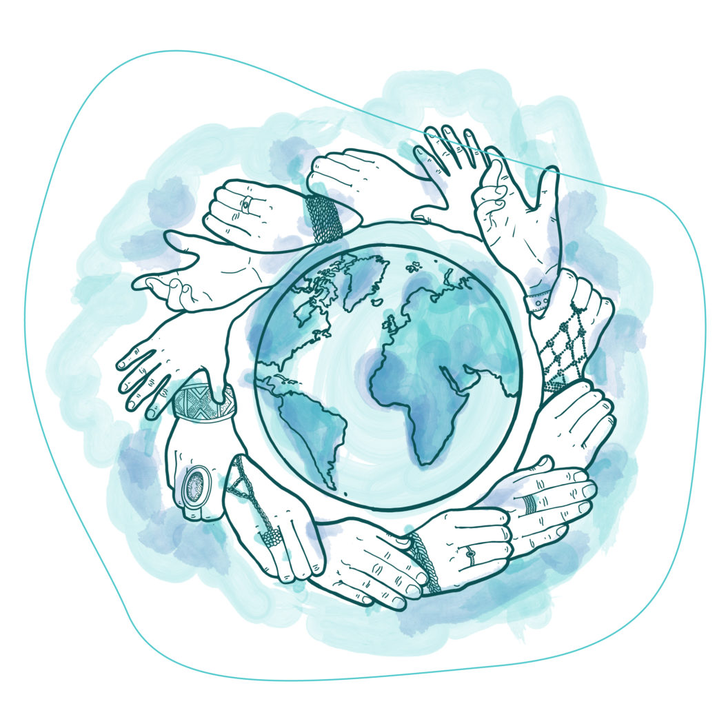 Illustration of a globe surrounded by hands linking together