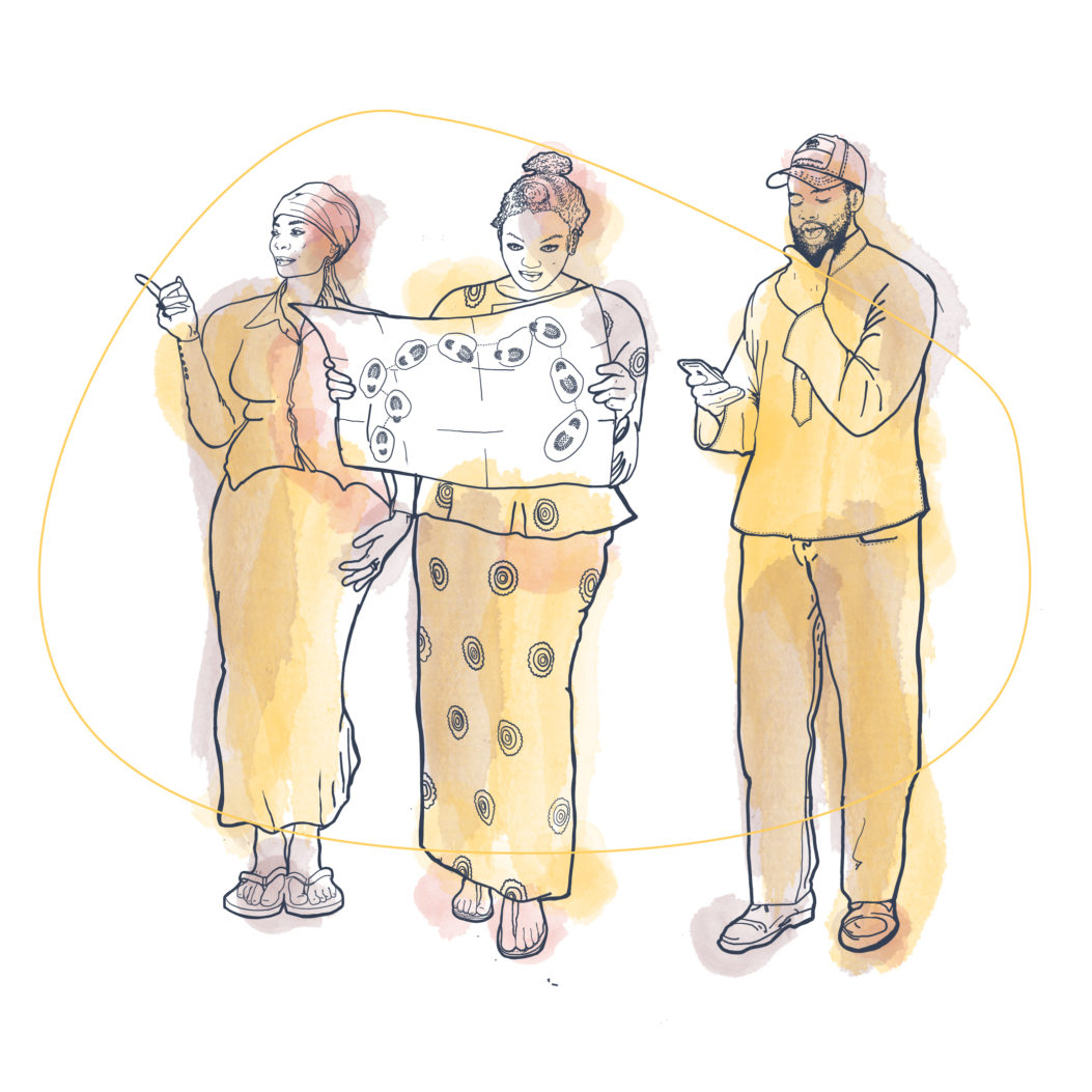 An illustration of three people looking at a map and looking thoughtful