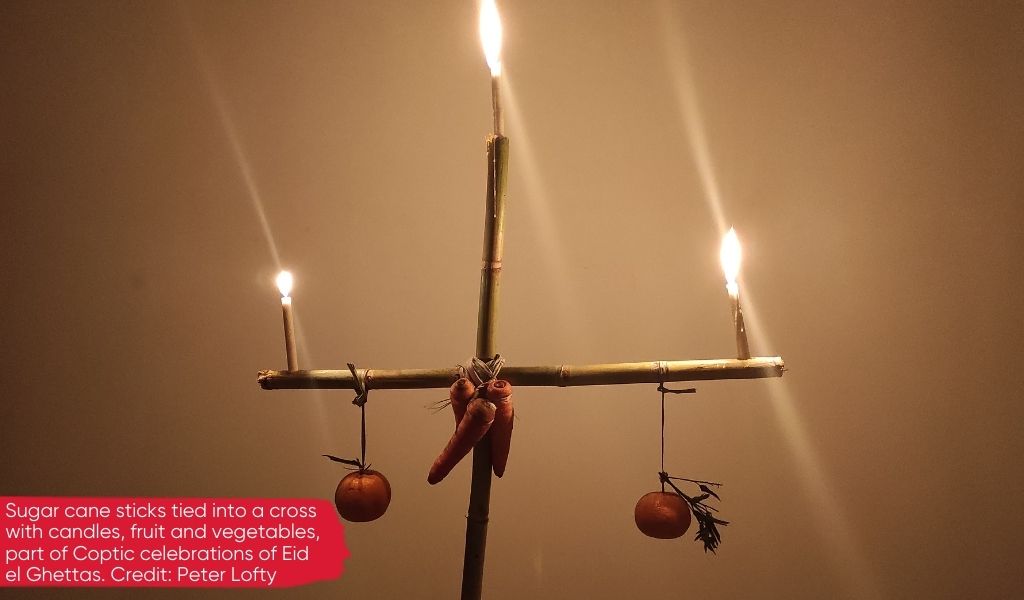 Cross made from sugar cane sticks part of Coptic Eid El Ghettas festivities