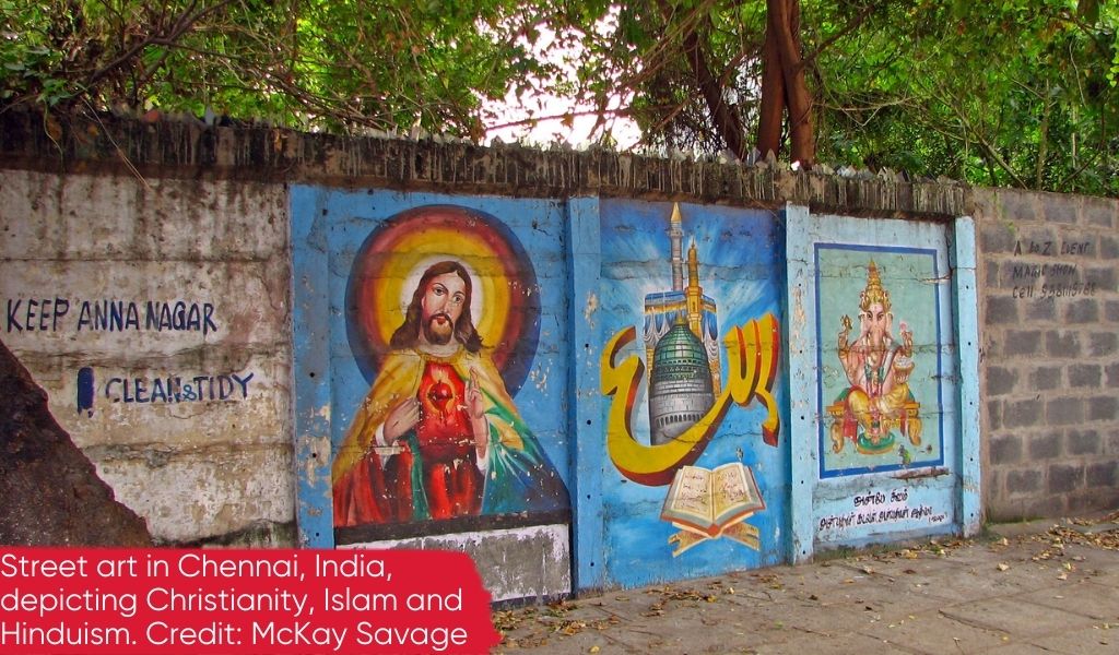 Street art in Chennai depicting Christianity, Islam and Hinduism.
