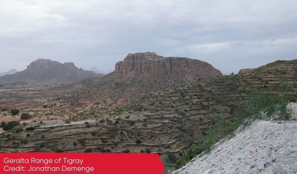 A dry landscape of Tigray with steep rocky hills