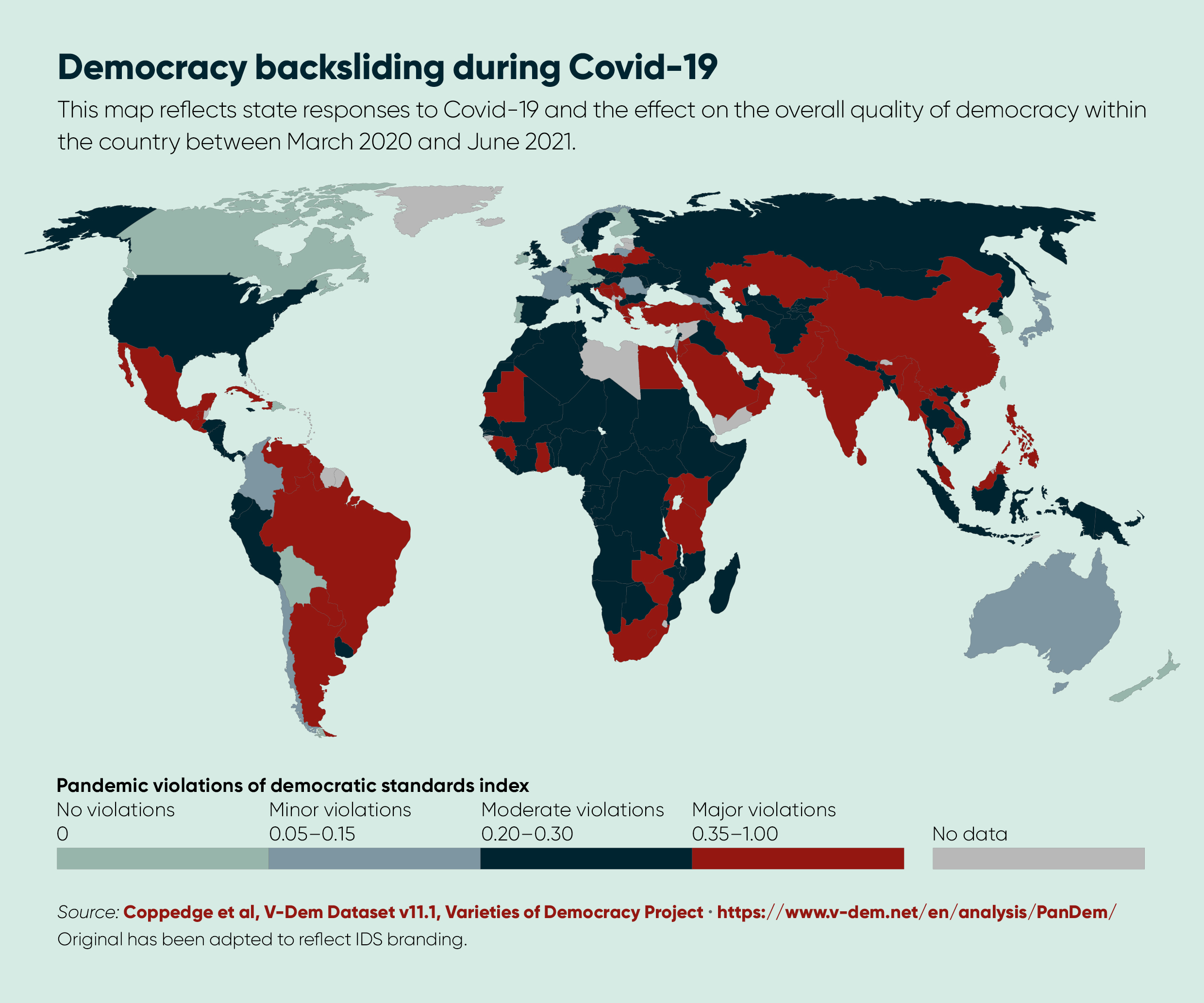 A map of the world, with countries each a different colour to reflect the number of pandemic violations of democratic standards 