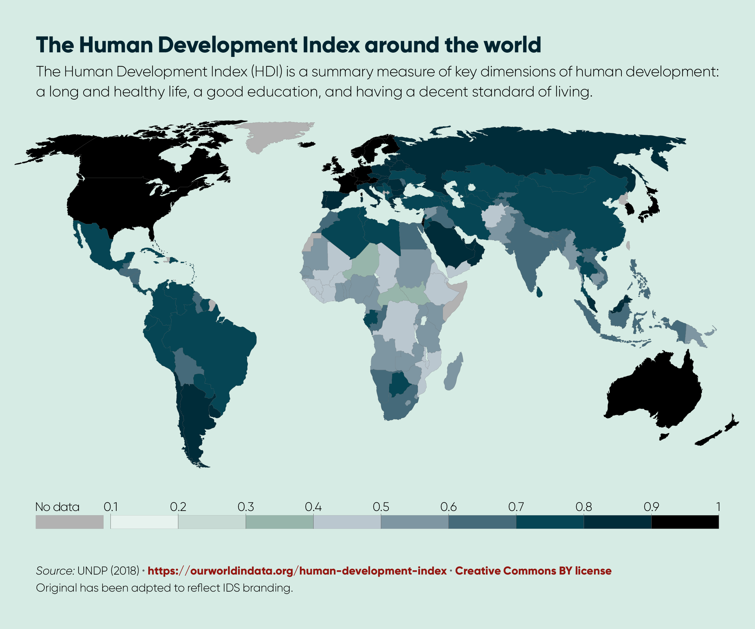 Map of the world showing how each country is performing against the Human Development Index
