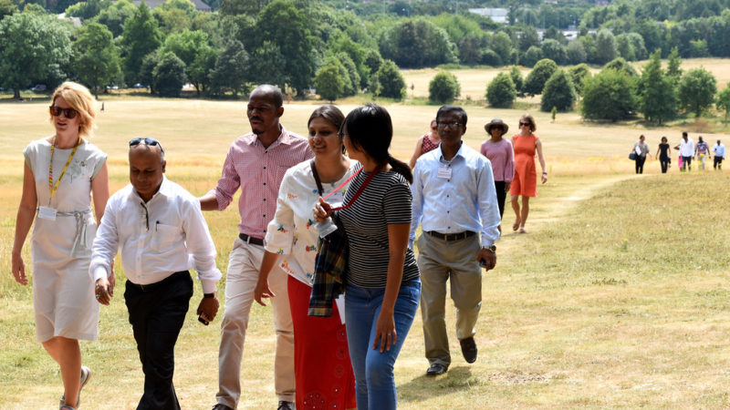 A group of people walking in the sunshine on the grass with trees in the background