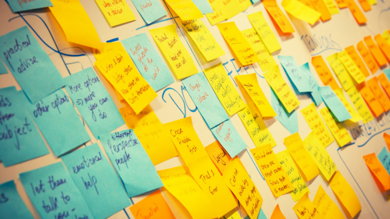 Yellow and blue post-it notes on a whiteboard