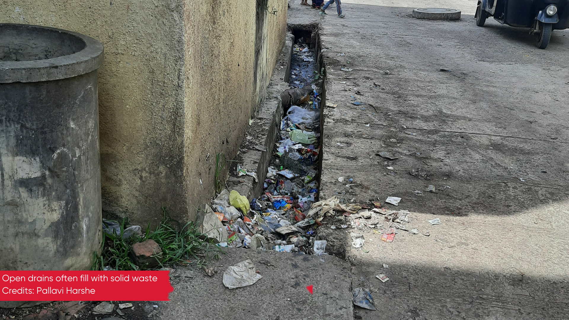 Photo of an open drain filled with solid waste