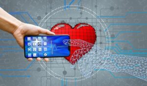 Collage of human hand holding a smartphone with multiple applications reaching out to a hand made of digital links. At the centre of the image is a red heart
