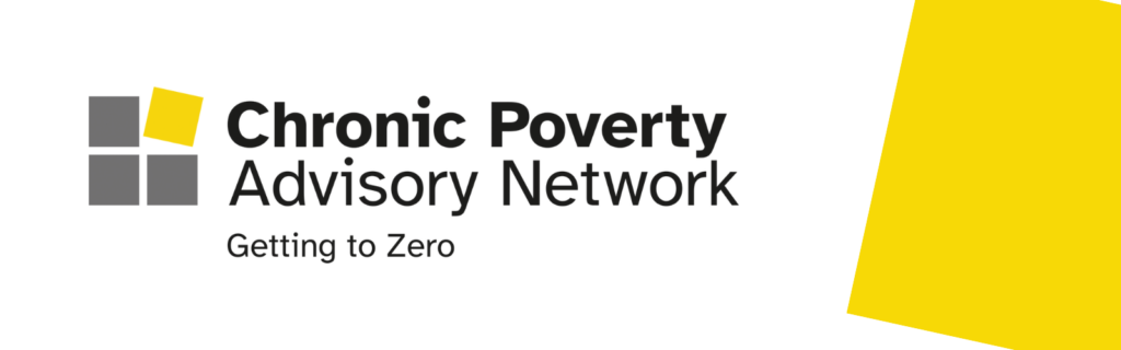Graphic with a white background and bordered by a yellow square. The Chronic Poverty Advisory Network logo is present. It has a strapline that reads 'Getting to Zero'.