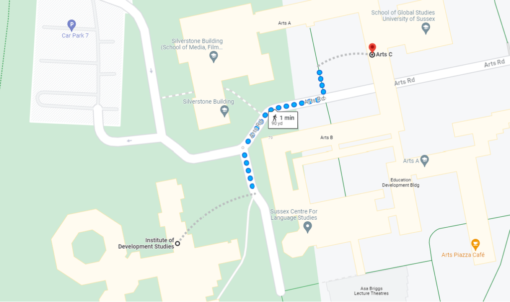 A map snippet of the walk between IDS building the the Arts C building on the University of Sussex campus.
