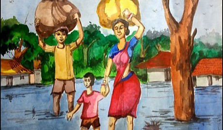A painting shows three people - a woman, man and child - walking through floodwater with houses and trees in the background. The woman and man are carrying full sacks above their heads, and the woman holds the child's hand with her free hand.