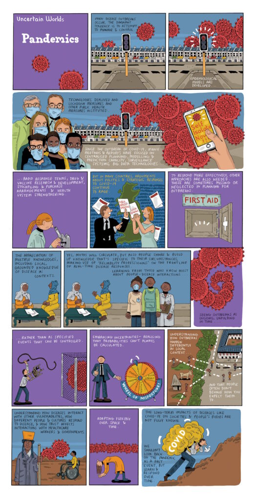Pandemics: When disease outbreaks occur, policies often try to control or manage them. But pandemics are uncertain and unpredictable. Taking account of varied knowledges, cultures and settings could help with more flexible responses over time and space.