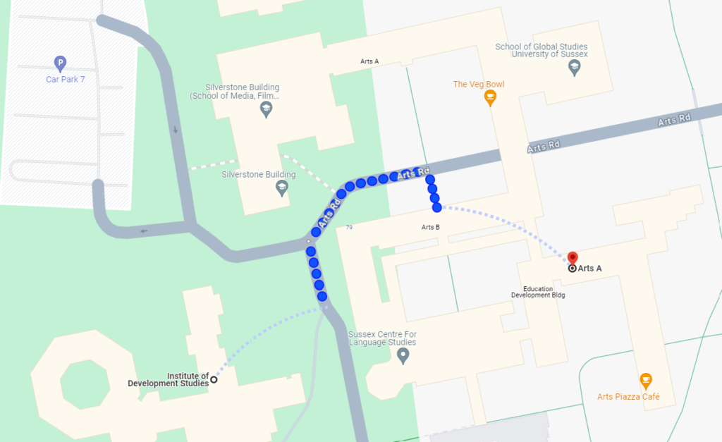 A map snippet of the walk between IDS building the the Arts A building on the University of Sussex campus.