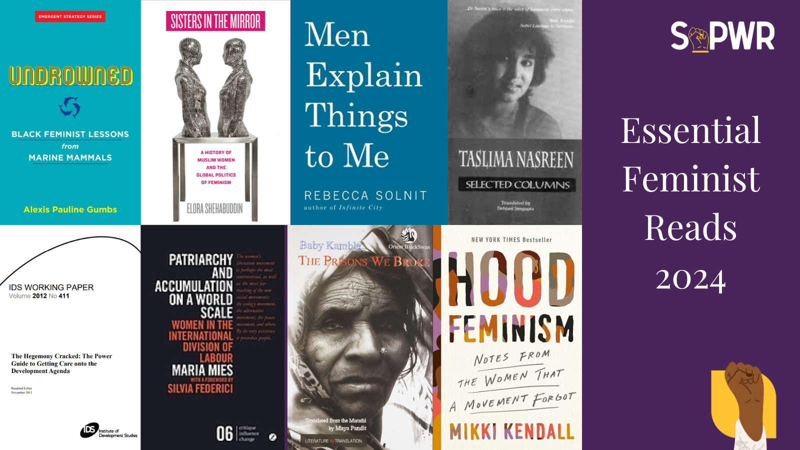 A graphic with eith book covers. Text on the right reads 'Essential feminist reads 2024'.