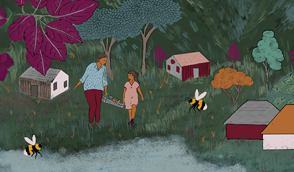 An illustration featuring a Woman and a young girl standing in a field. Around them are wooden huts, trees and bees.