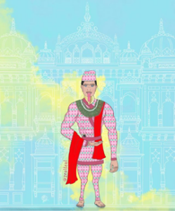 A colourful illustration of a person in wedding clothes 