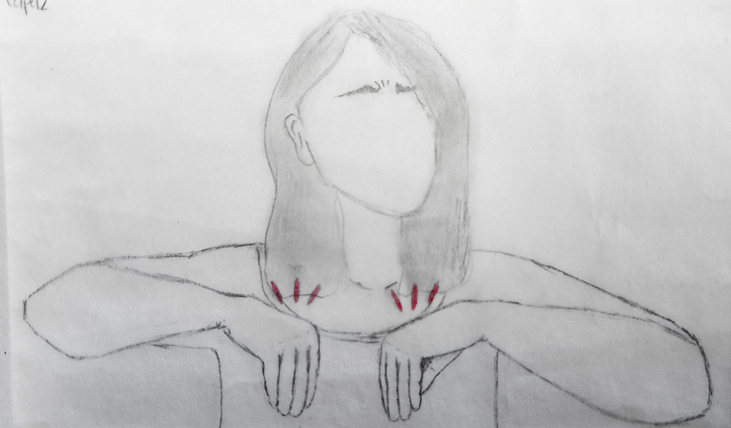 A woman Signing. She brings the fingertips of each hand together, with the tips pointing downwards, in front of her chest, with her arms open so that the elbows are almost horizontal. Then, in a swift and quick motion, she brings her hands close to her chest, giving a tap.