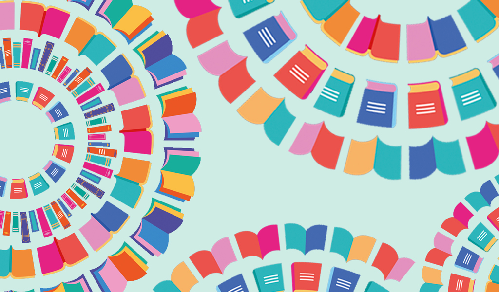 This is a graphic of a collection of colourful plain book overs laid out in a series of circles.
