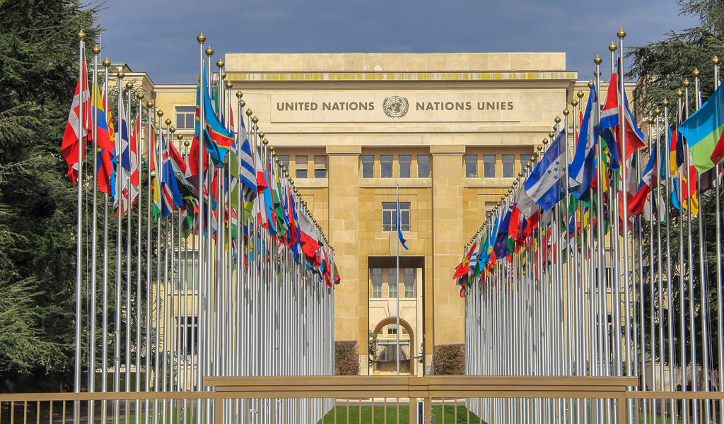 This is a photo of the United Nations building in Geneva. The building is in the centre with flags of the world to the left and right.
