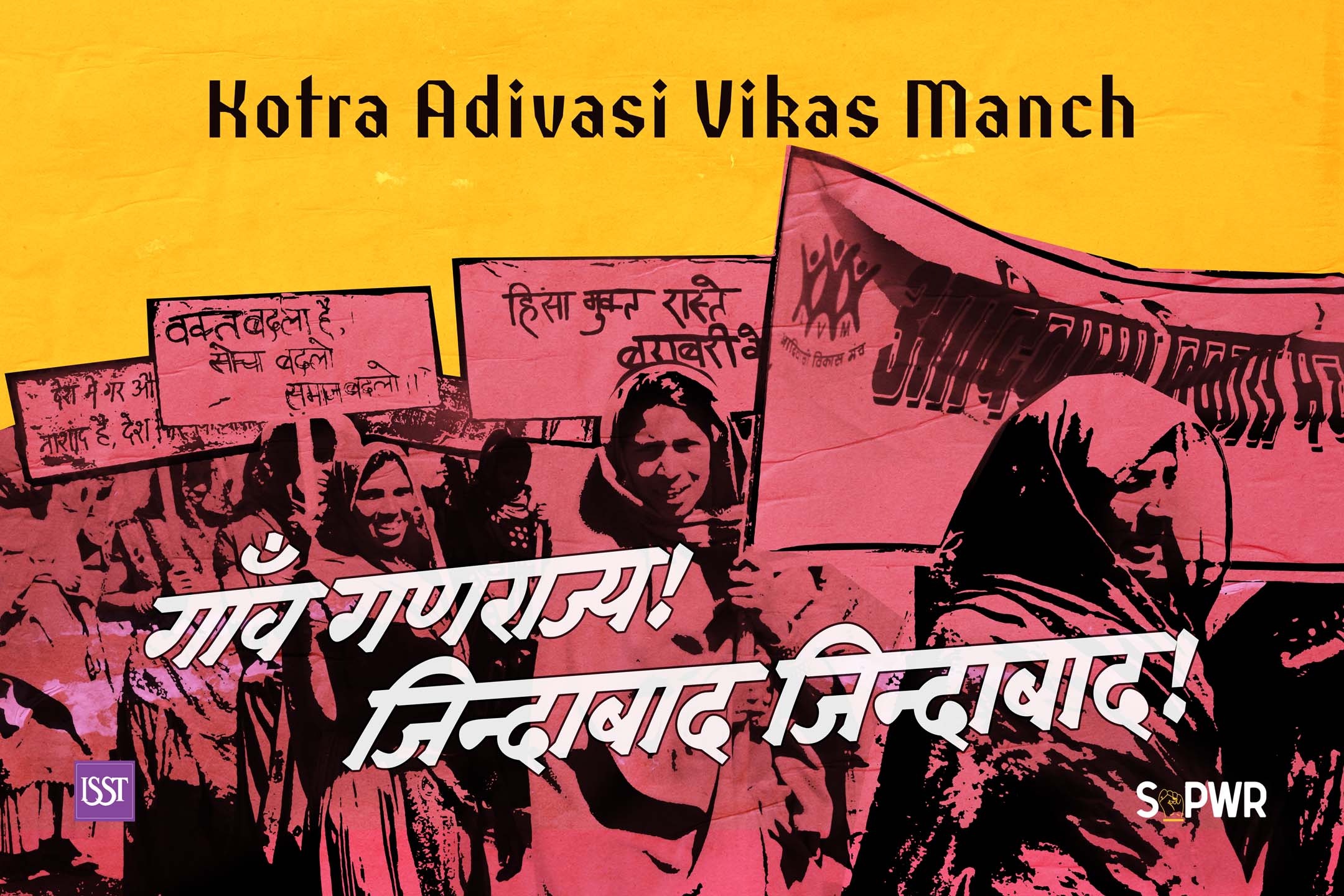 On a yellow background, a heading says "Kotra Adivasi Vikas Manch' Beneath the heading is a pink-tinted image/illustration of women marching and holding placards.