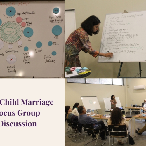 A collage of pictures. Top left: a power map on a white board. Lots of circles to indicate different actors. To right: A woman writes a list of actors on a white board. Bottom right: a woman stands and a group of people sit at tables in a semi-circle around her. Bottom left: text reads &quot;Anti-Child Marriage Focus Group Discussion&quot;.