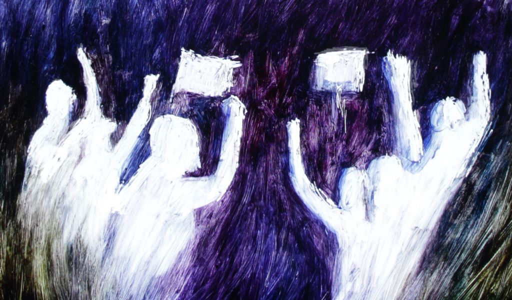 A painting of five people protesting, against a dark coloured background.
