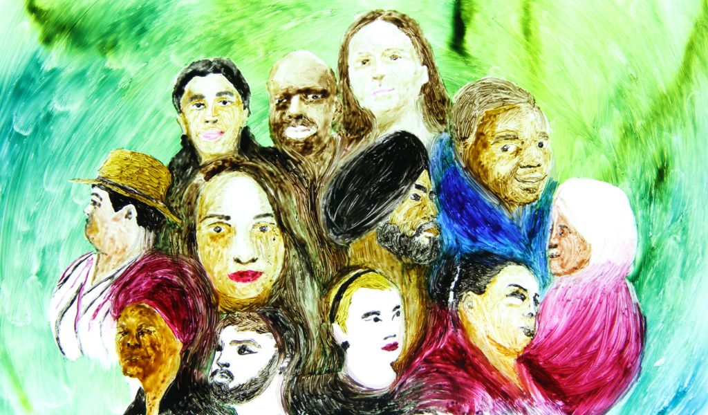 A brightly coloured painting of twelve faces, all are a mixture of genders and nationalities.