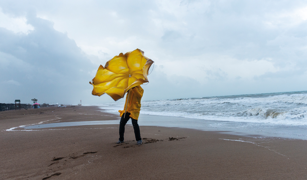 An image of a person holding a Yellow umbrella standing on a wind-swept beach.