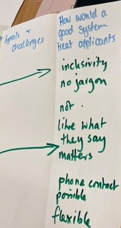 Handwritten text on flipchart paper reads: How would a good system treat applicants? Answers include: 'inclusivity'; 'no jargon'; 'not.'; 'like what they say matters'; 'phone contact possible'; 'flexible'.