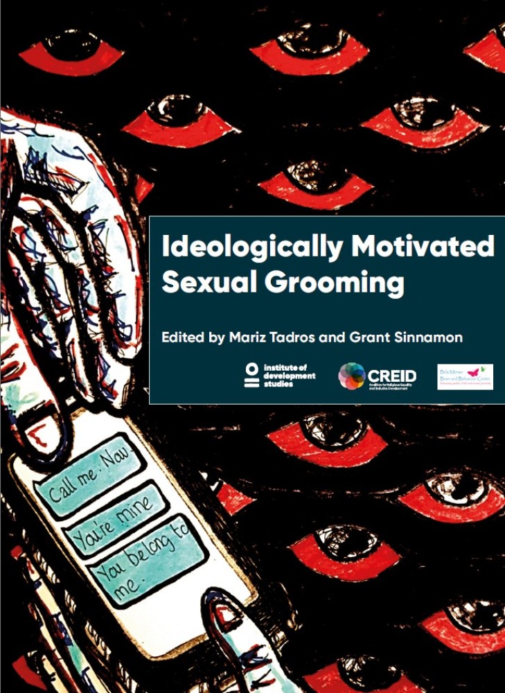 A man’s hand reaches down from the top-left of the cover to pass a mobile phone to a woman’s hand angled up from the base. The background is black, patterned by large, red eyes with black pupils. The phone screen displays three texts from the man to the woman. They read: Call me. Now. You’re mine. You belong to me.