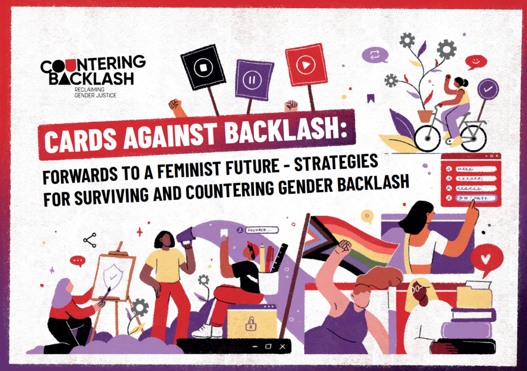 A graphic used as the front cover for the Cards Against Backlash toolkit. The graphic has lots of cartoon-style people on it, holding LGBTQ+ flags, and other symbols. There is text that reads 'Cards Against Backlash: Forwards to a Feminist Future'.