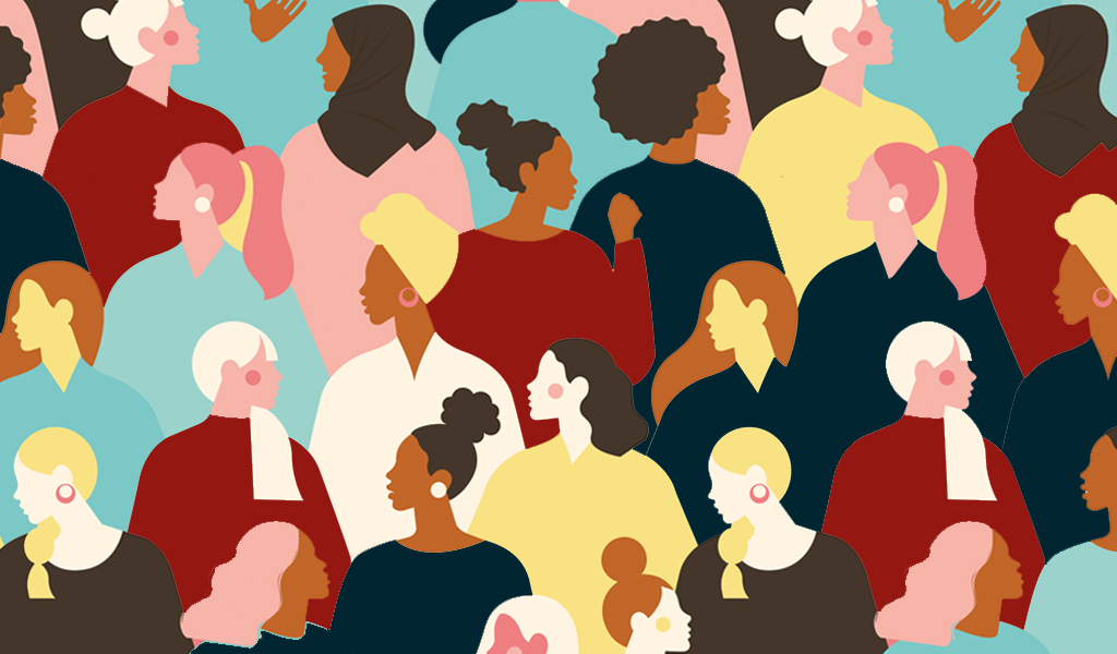 A illustration of women wearing different colour clothing.