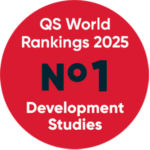 Graphic of a red circle with text that says 'QS World Rankings 2025 No1 Development Studies