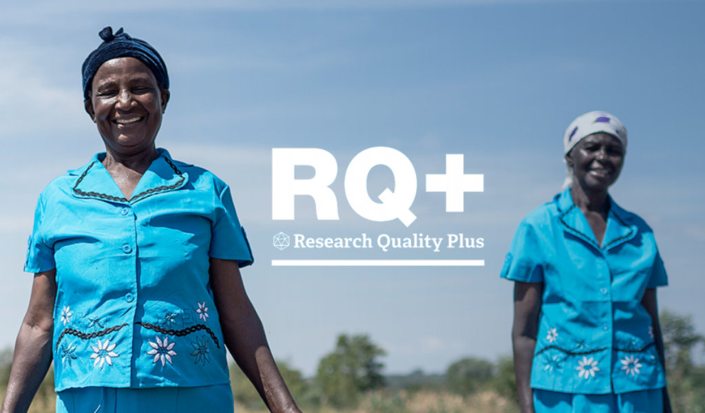 A photograph of two women of colour in blue uniforms, with a rural background. There are white letters in the centre saying 'RQ+ Research Quality Plus'