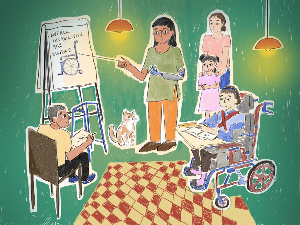 An illustration shows five people of mixed ages and genders grouped around a flipchart. One sits on a chair with a walking frame to their side. A younger manual wheelchair user rests their notebook and pen on the wheelchair tray. The presenter, who has a prosthetic left arm, points with a telescopic stick to the flipchart, on which is drawn a self-propelled wheelchair and the text ‘Not all disabilities are visible’.