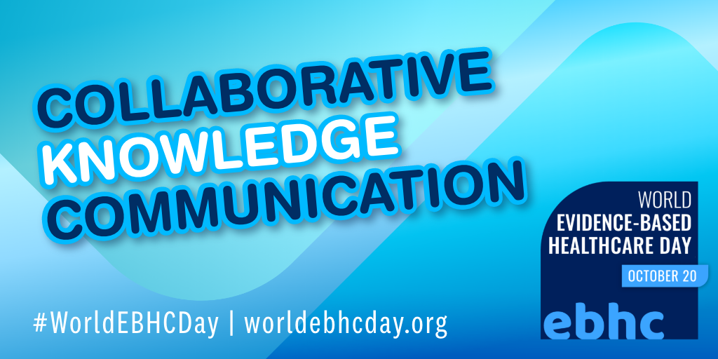 A blue graphic card with the World EBHC day branding. The text is bold and reads Collaborative Knowledge Communication.