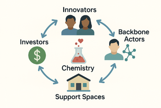 Circular diagram showing how innovators, investors, backbone actors and support spaces connect through chemistry.