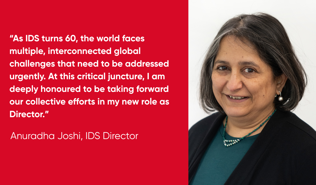 A graphic with a headshot of Anuradha Joshi on the right and a quote on the left. The quotation is repeated in the main news story where this image appears.