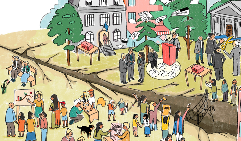 An illustration of various characters standing a creack in the Earth.