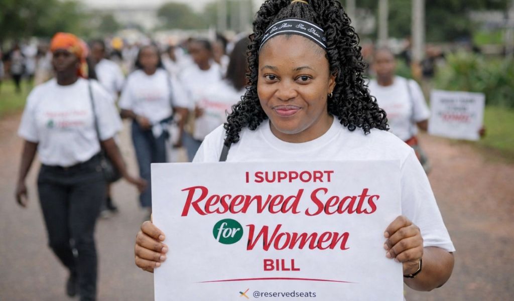 A woman leads a march holding a sign that reads “I support Reserved Seats for Women Bill,” with other women walking behind her along a road, many wearing white T‑shirts during a public demonstration.