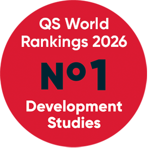 Graphic of a red circle with text that says 'QS World Rankings 2026 No1 Development Studies