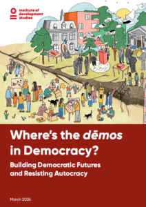Report front cover with the words "Where's the demos in Democracy?" and a coloured illustration of people in the top half of the image