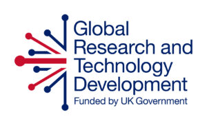 Blue, red and white logo which says Global Research and Technology Development, funded by the UK Government