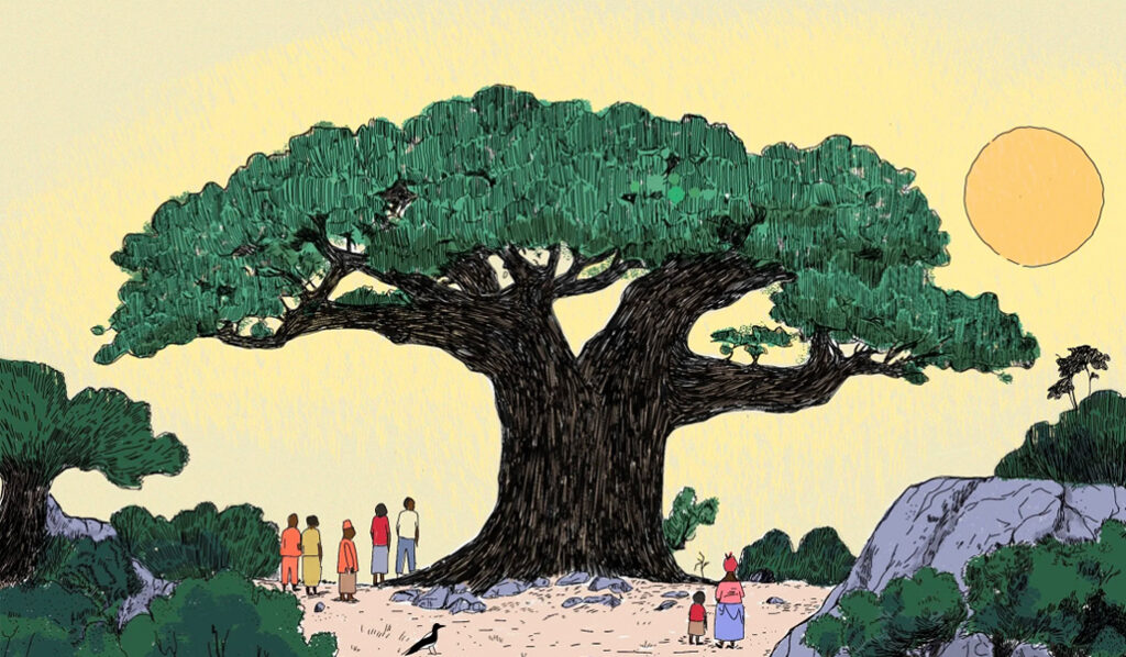 This is an illustration of a tree, with people walking around it. There is a yellow sky and orange sun in the background.